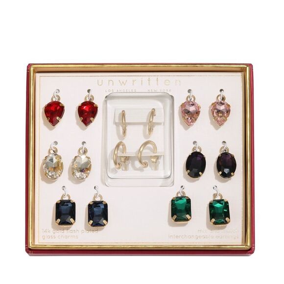 Unwritten Multi-Color Mix Hoop Earring Set Gold Red, Pink, Green, Black Stones - Picture 2 of 7